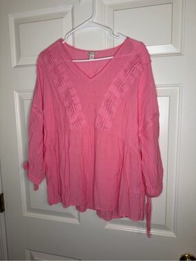 Cato Pink V-Neck Lace Trim Peasant Blouse boho Medium